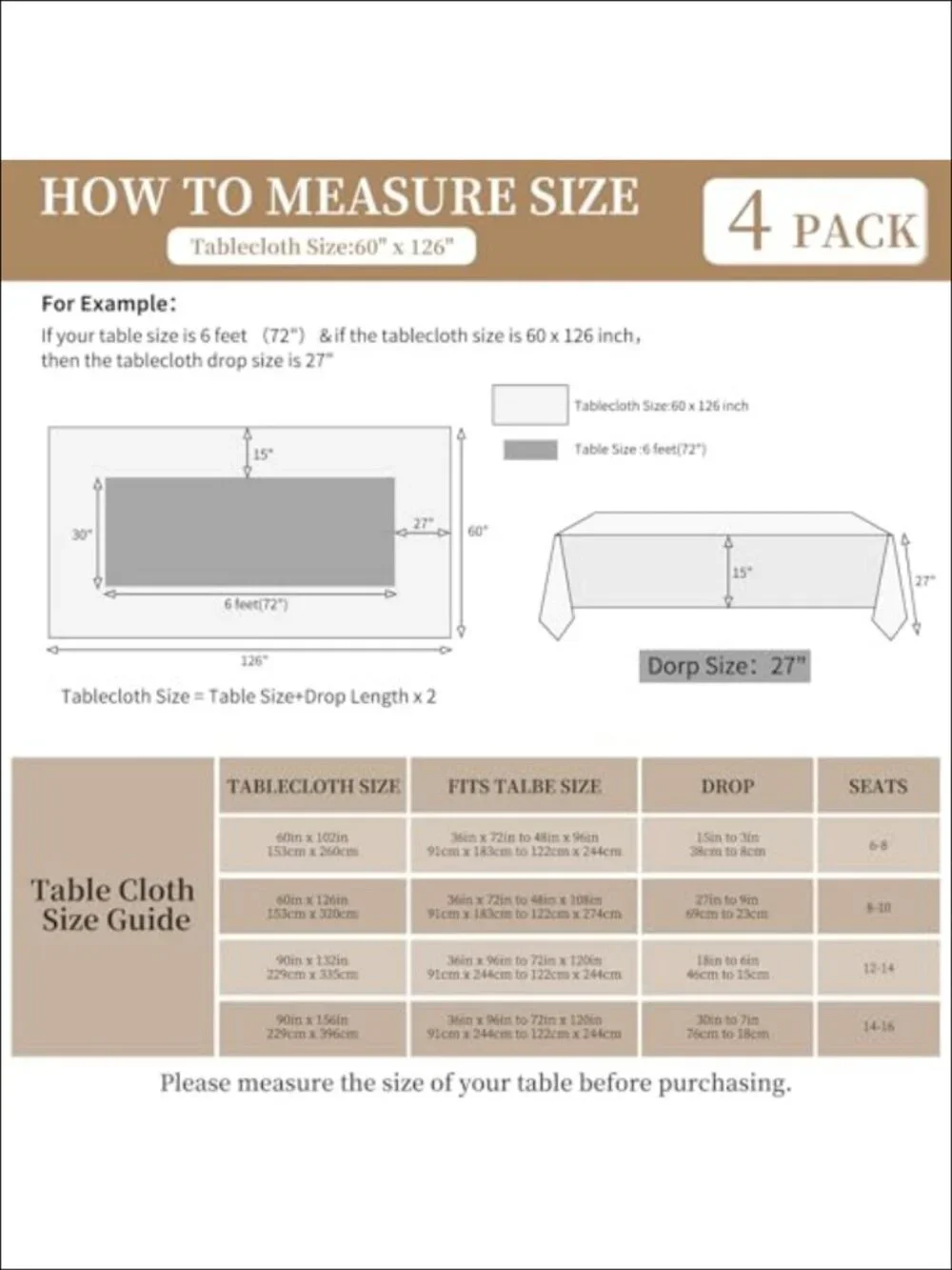 4 Pack Black Polyester Tablecloths with Pockets 60 x 126 Inch